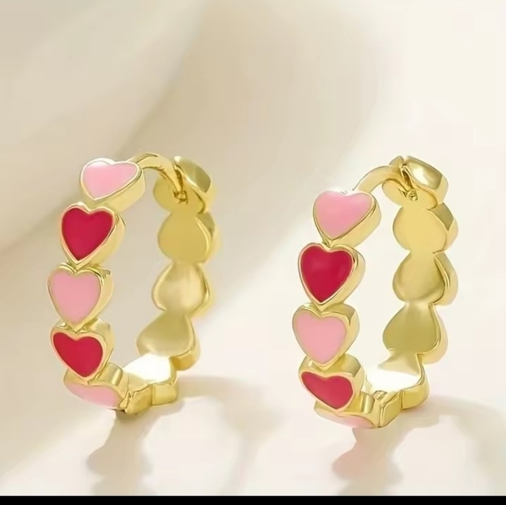 Gold Hoop Earrings Pink Hearts Women's New f86